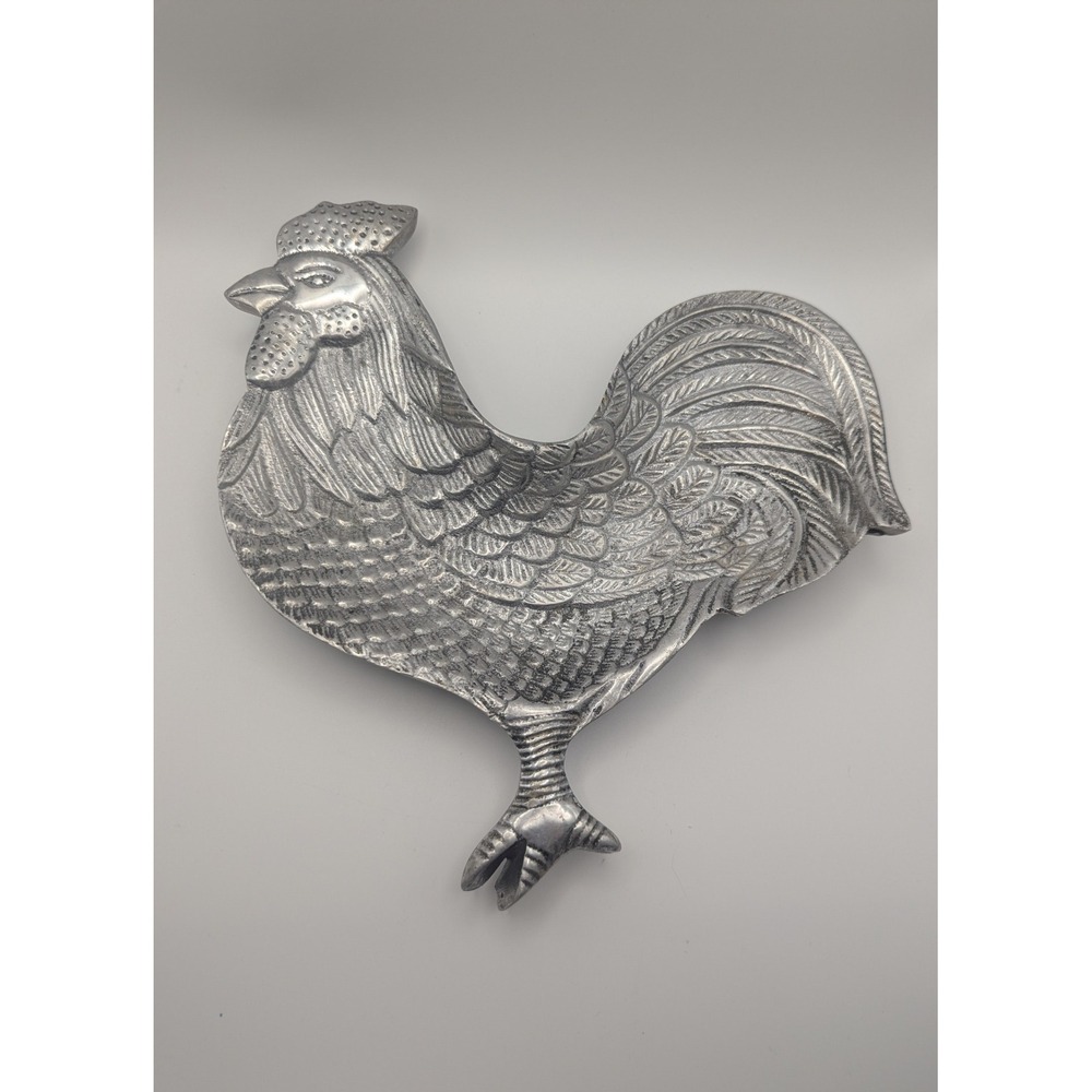 Vintage Silver Toned Rooster Trivet Dish Metal Farmhouse Kitchen Decor 10 x 18 0